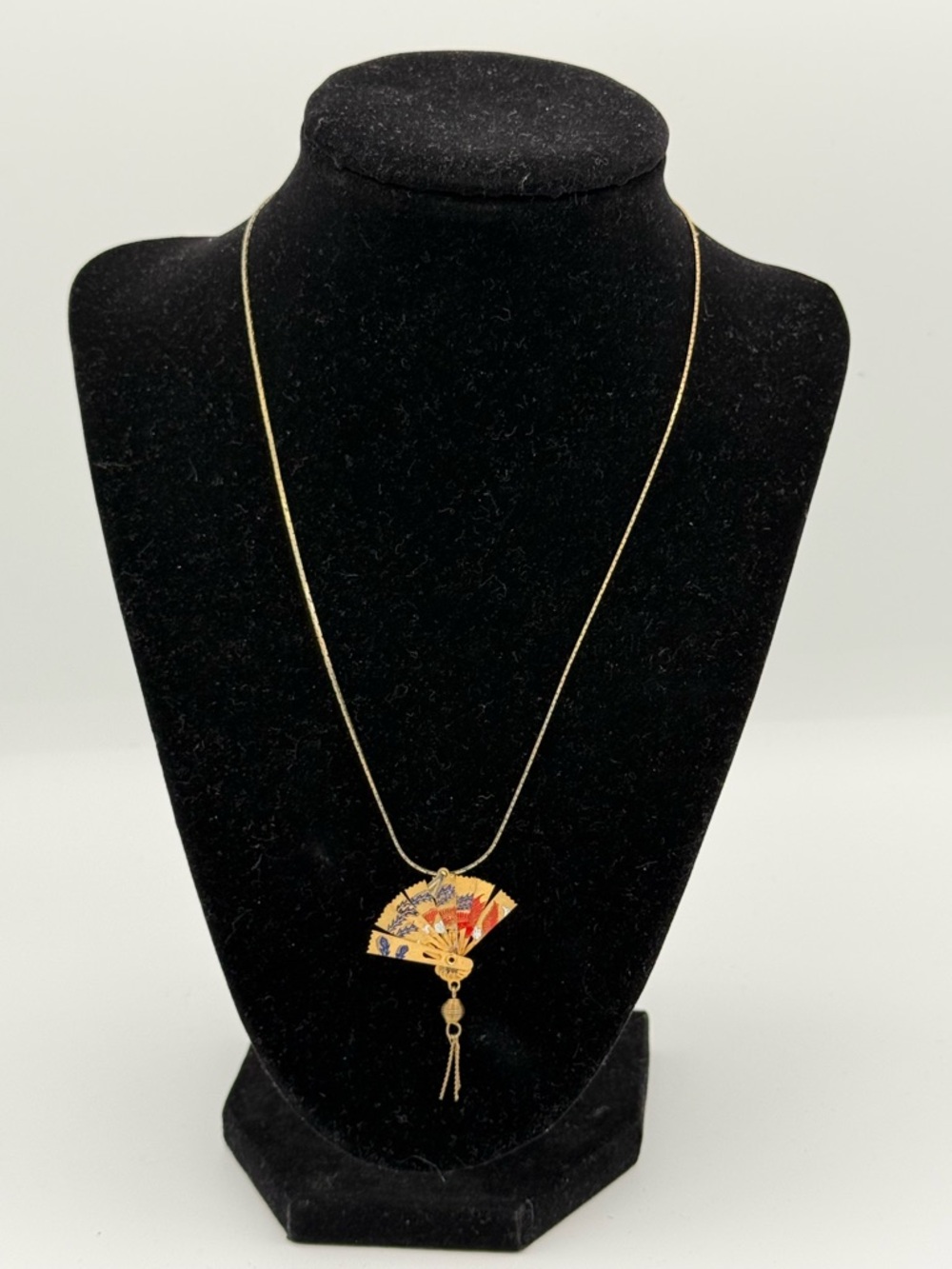 Gold Tone Fan Pendant Necklace with Red Accent - Women Jewelry